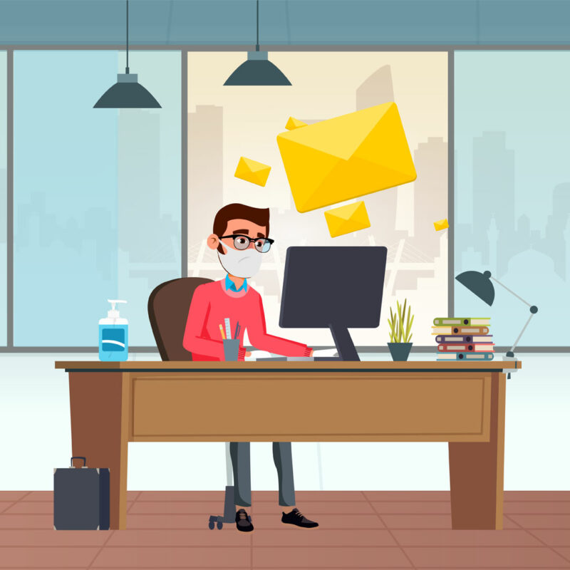 A 2D illustration of a man wearing a mask and sitting on a desk.