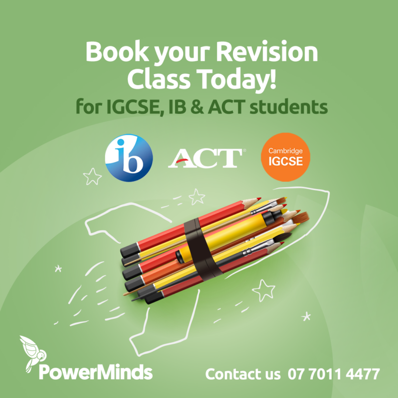 A promotional image for PoweMinds showcasing a colorful background with the text "Book your revision class now for IGCS, IB, and ACT" written in bold letters.