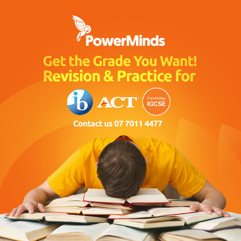 A "PowerMinds" social media post featuring an image related to revision and practice for IGCSE, IB, and ACT exams.