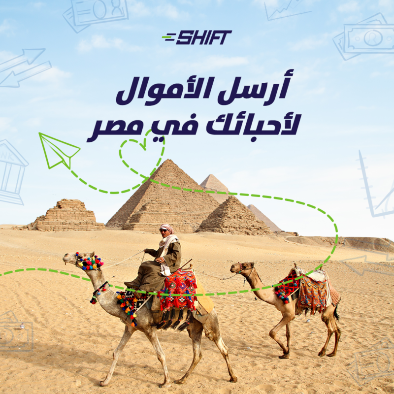 A professionally designed social media post by SHIFT promoting the option to send money to beloved people in Egypt, highlighting convenience and care.