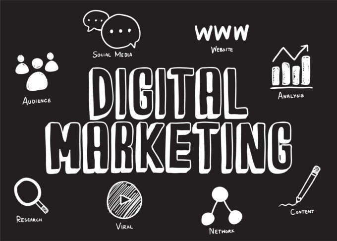 Icons representing digital marketing strategies.