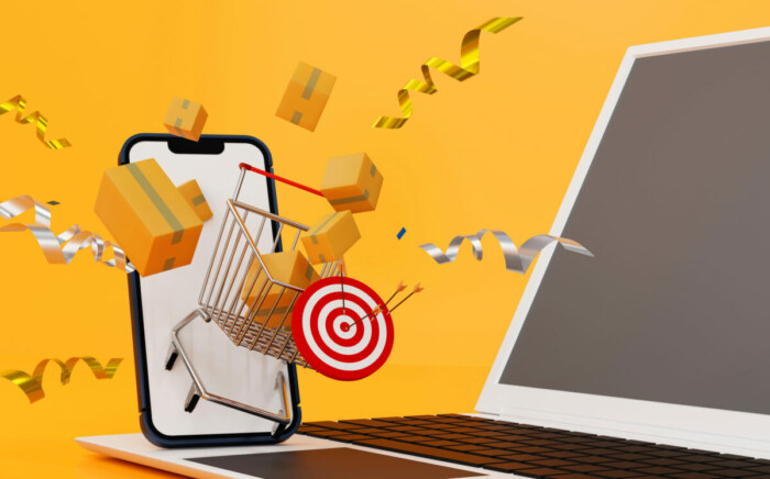 A 3D-rendered image showcasing an online shopping website, featuring a smartphone, a shopping trolley, and a parcel with decorative elements.