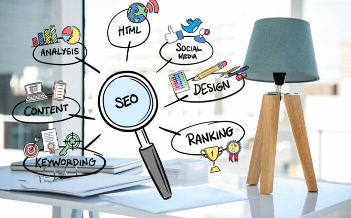 A close-up image of a magnifying glass surrounded by various SEO concepts.