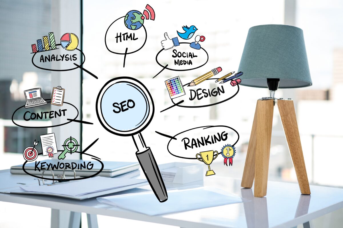 A close-up image of a magnifying glass surrounded by various SEO concepts.