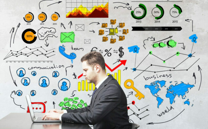 Business professionals analyzing a digital dashboard showcasing various digital marketing metrics.