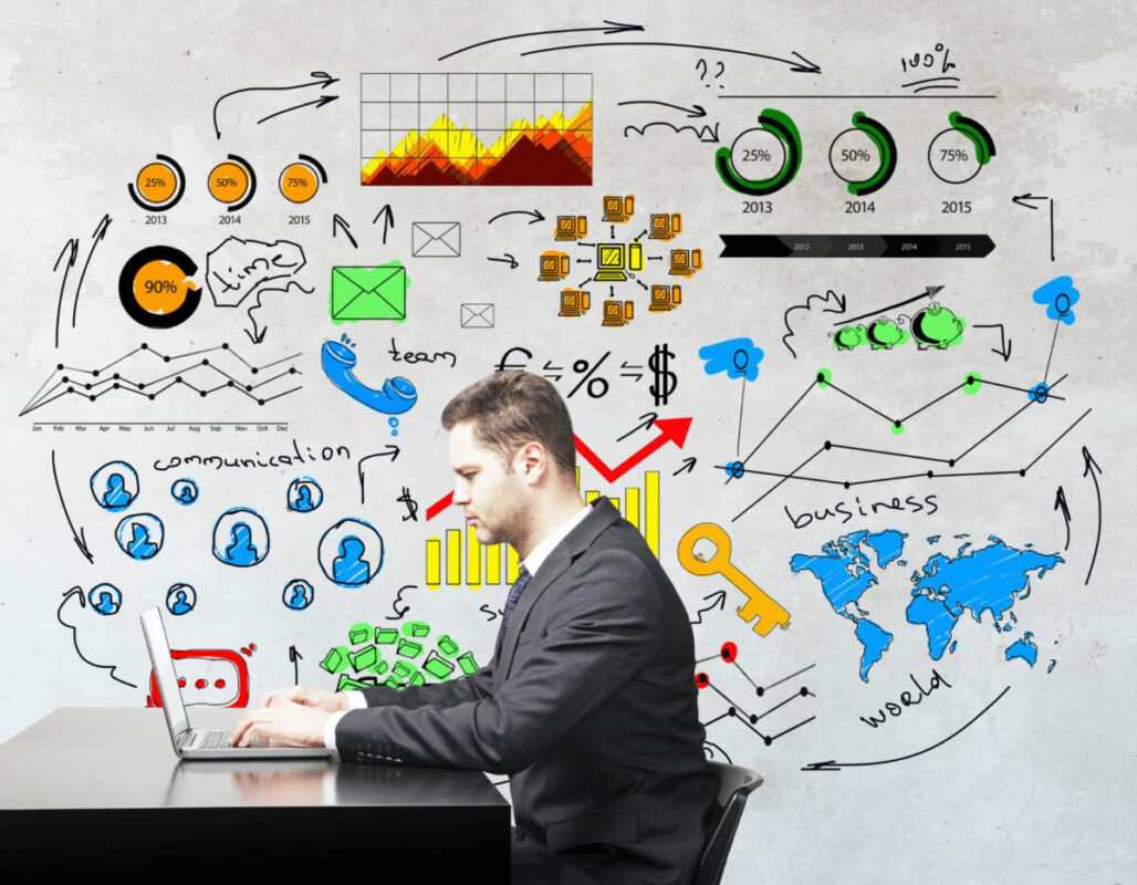 Business professionals analyzing a digital dashboard showcasing various digital marketing metrics.