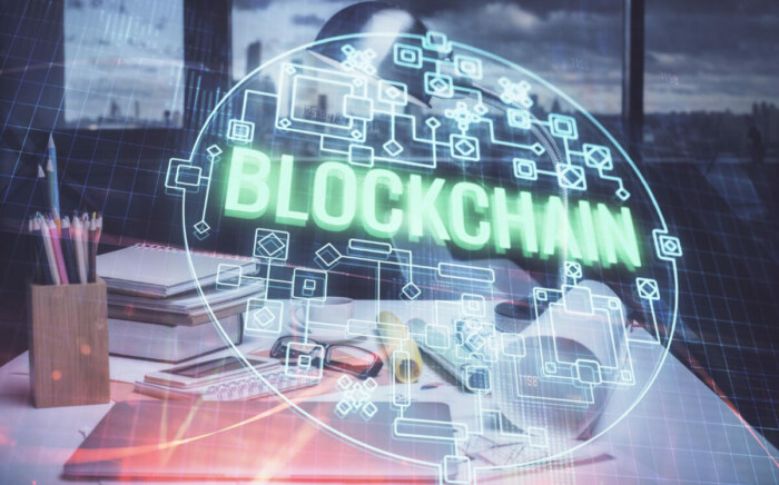A digital chain linking blockchain technology and digital marketing symbols, showcasing their growing interconnection.