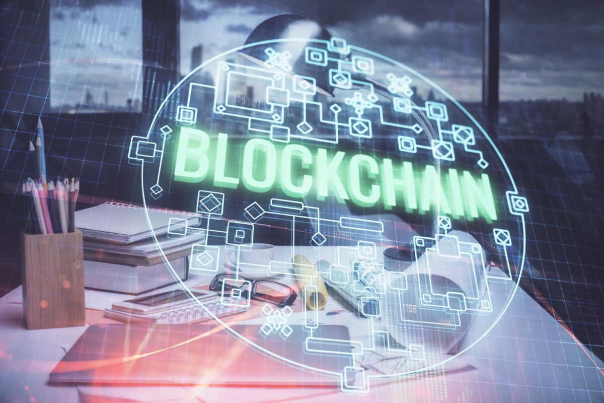 A digital chain linking blockchain technology and digital marketing symbols, showcasing their growing interconnection.