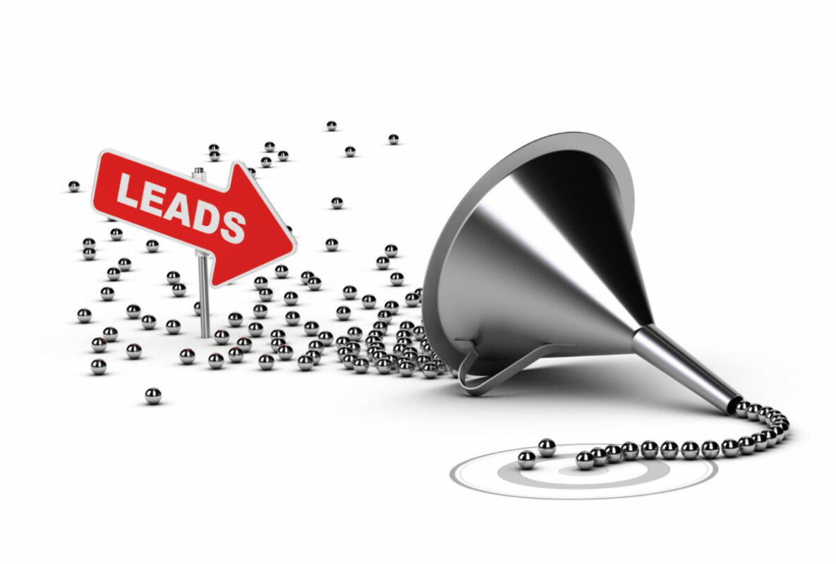 Numerous chrome spheres entering a conversion funnel, resulting in a streamlined output, representing the process of refining leads into qualified sales in a 3D conceptual visualization for business marketing.